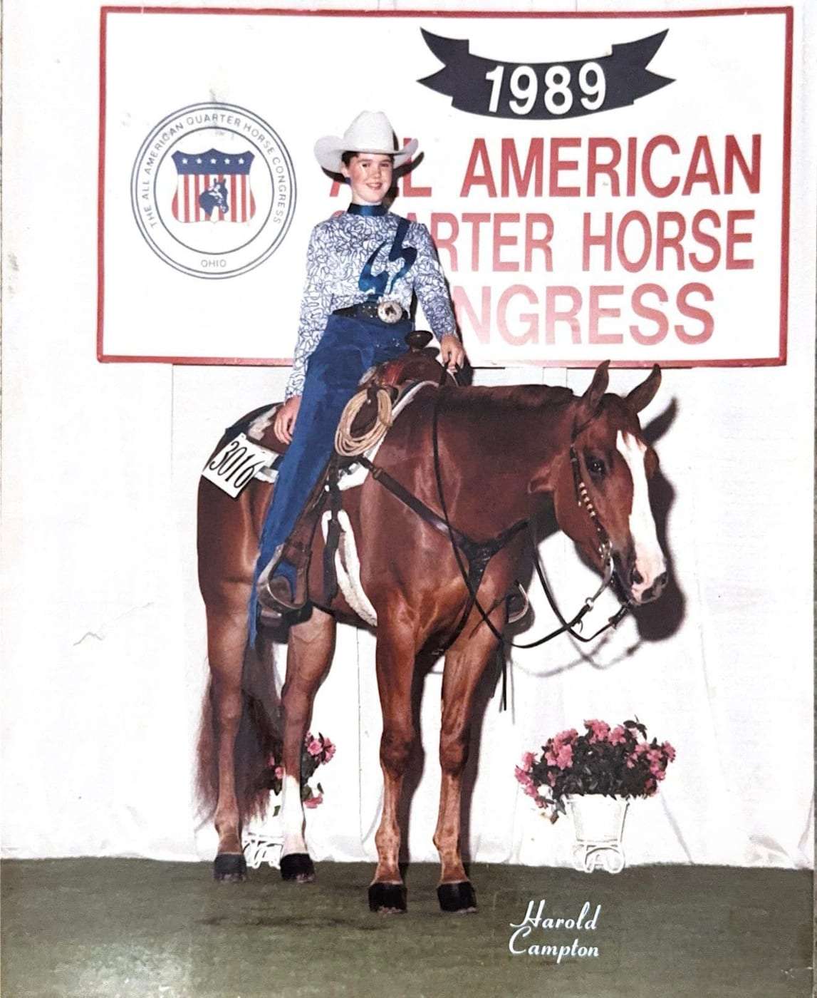 Carmen in western show attire aboard her chestnut horse at the 1989 All American Quarter Horse Congress