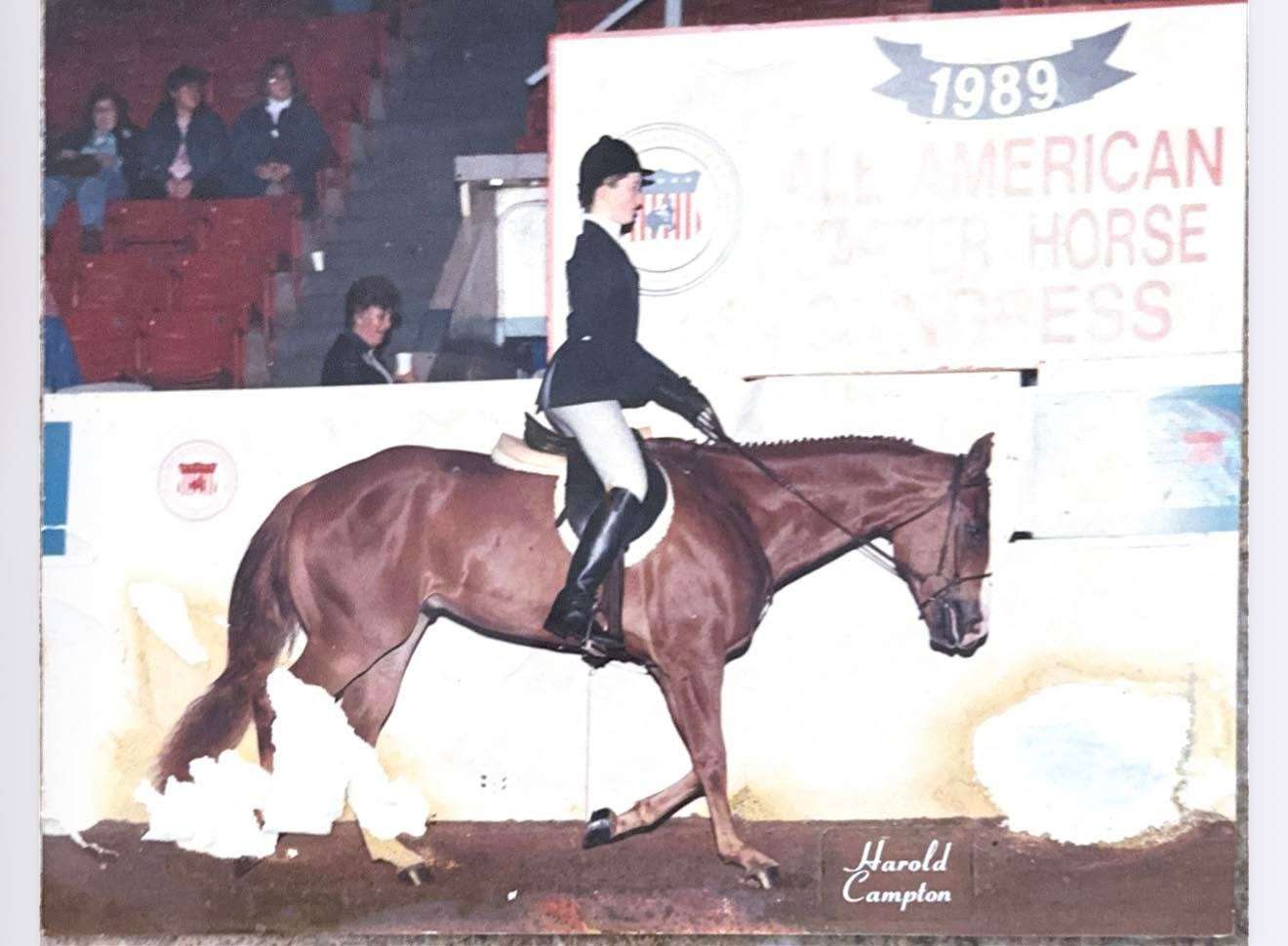 Carmen Hurley riding hunt seat at the 1989 All American Quarter Horse Congress
