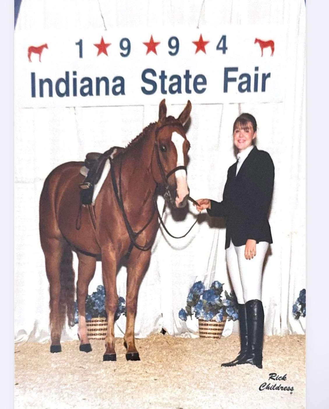 Carmen with her chestnut horse in hunt seat attire at the 1994 Indiana State Fair