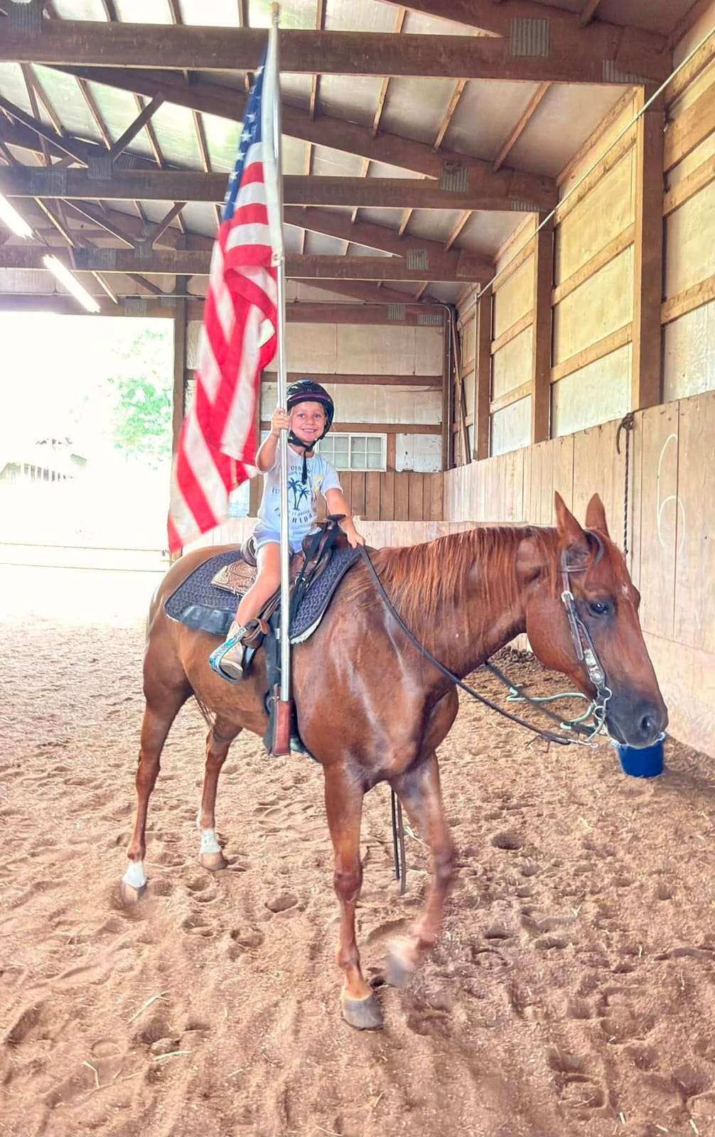 Camper holding an American flag on a chestnut horse