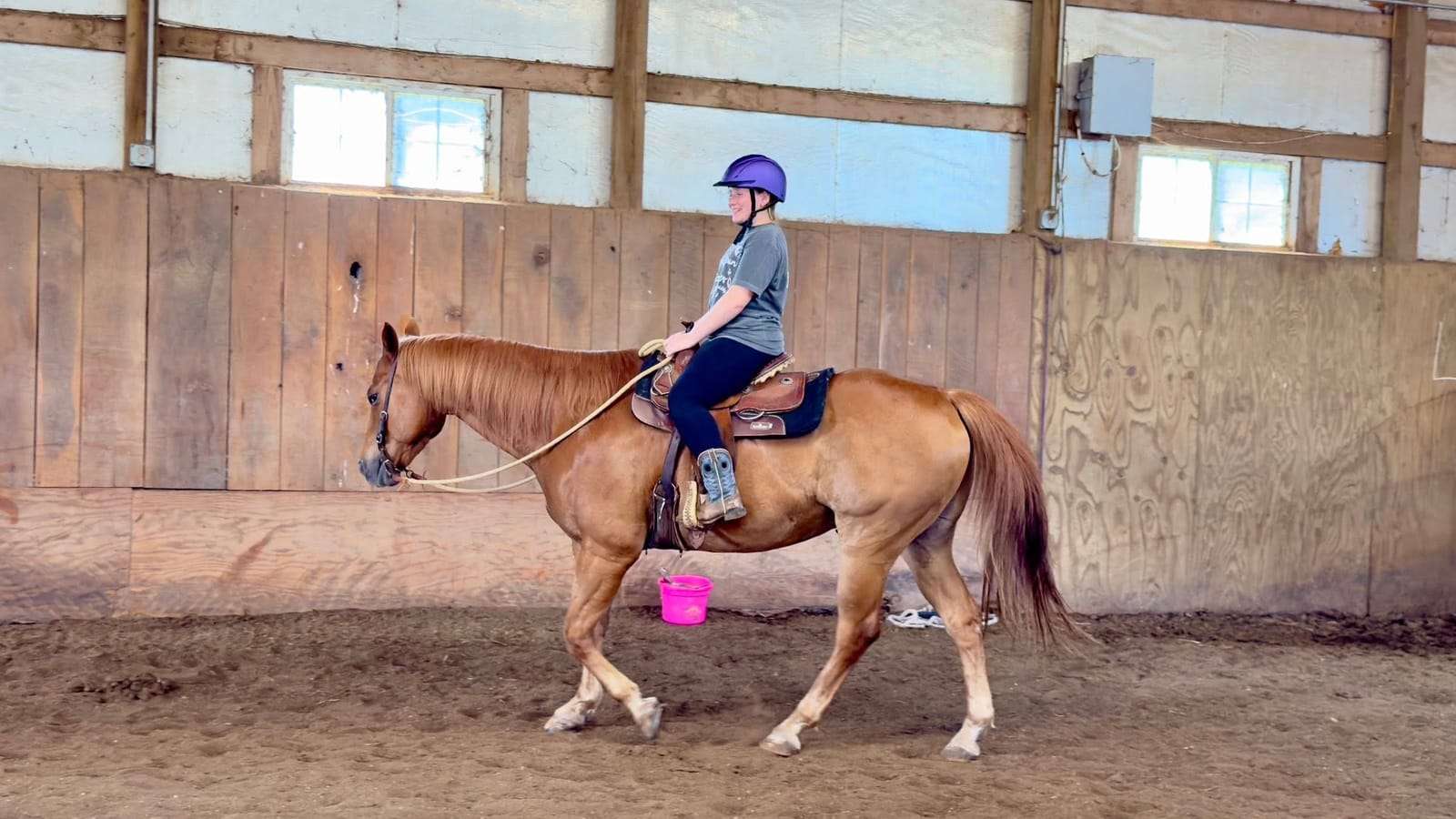 Camper riding a chestnut horse in the arena