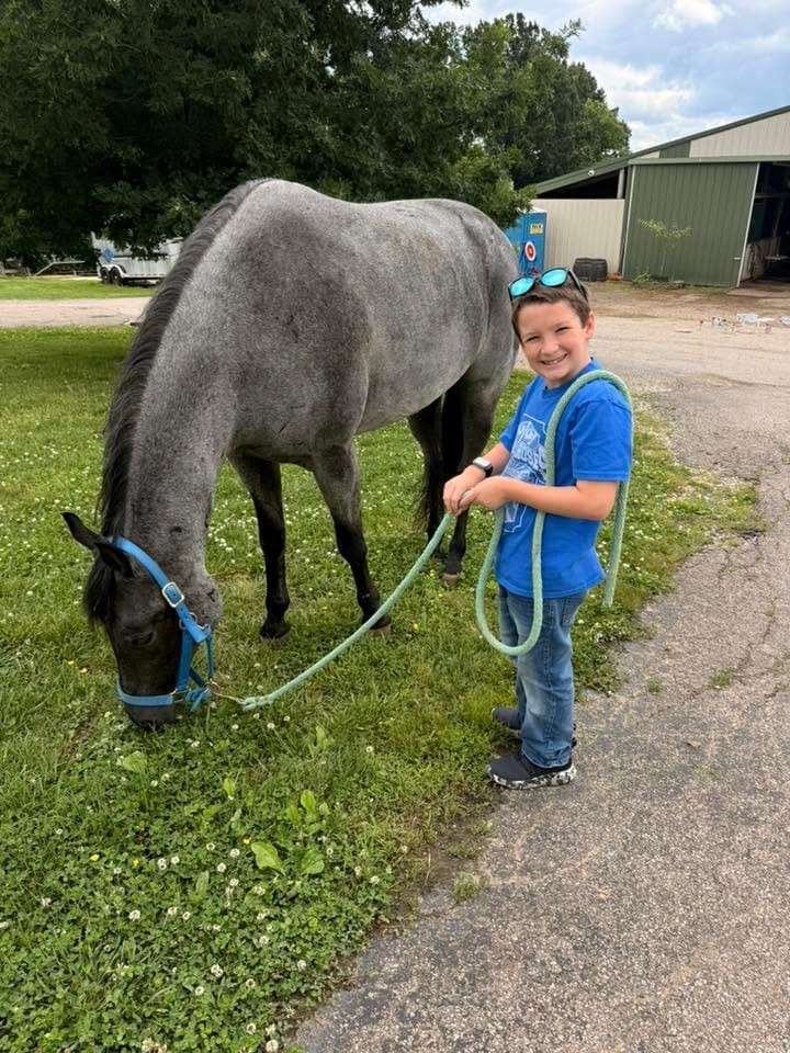 Camper leading a horse out to graze at camp