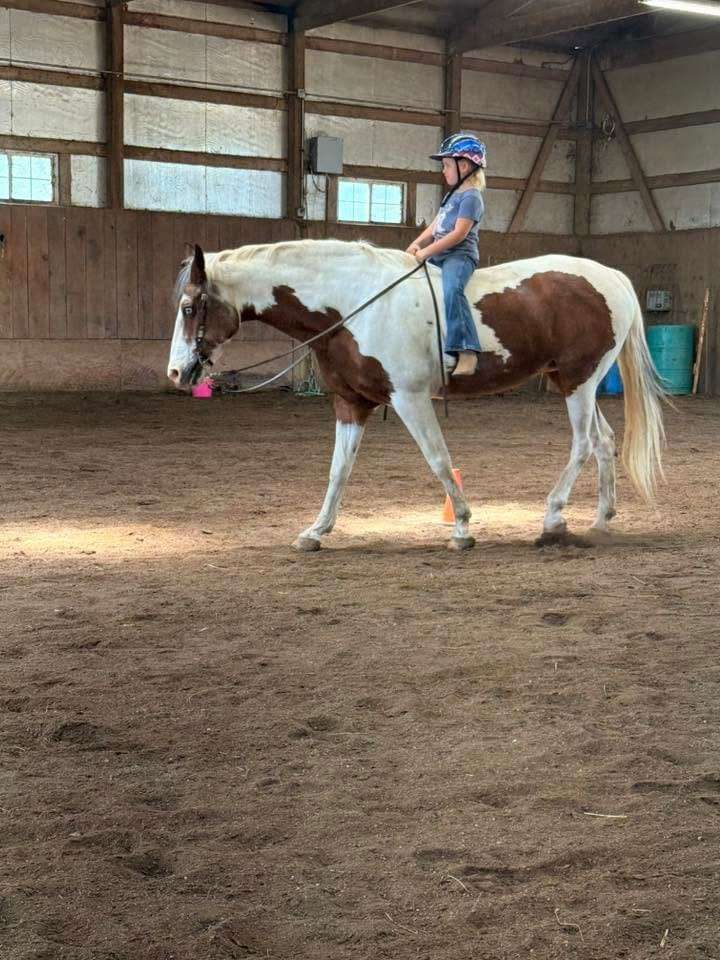 A camper riding a paint horse in the arena