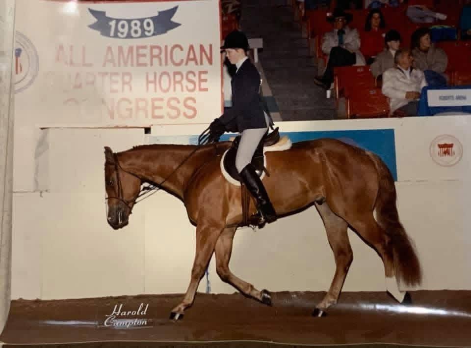 Carmen showing hunt seat on a chestnut Quarter Horse at the 1989 All American Quarter Horse Congress